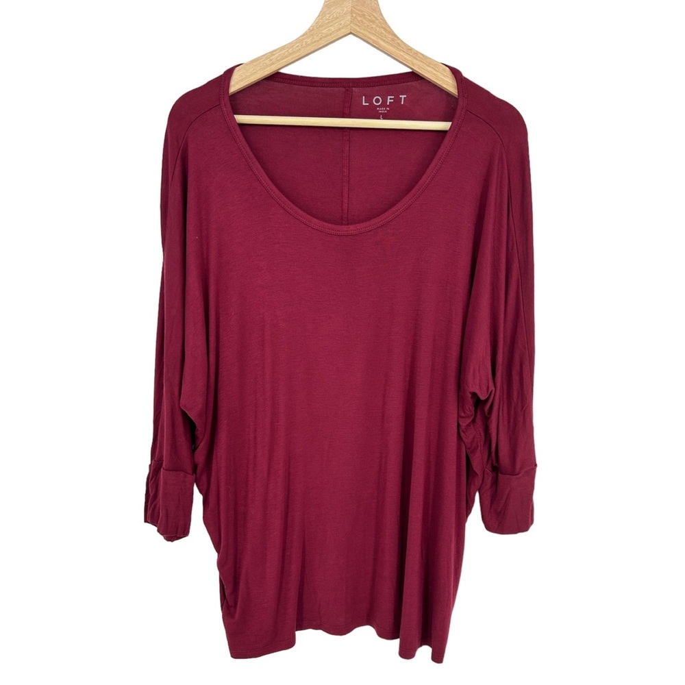 LOFT Red Burgundy Stretch Soft 3/4 Length Cuffed Sleeves Flowy Long Shirt